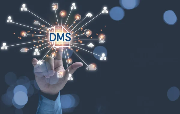 Businessman Touching Dms Icon Virtual Online Document Management System Database — Fotografia de Stock