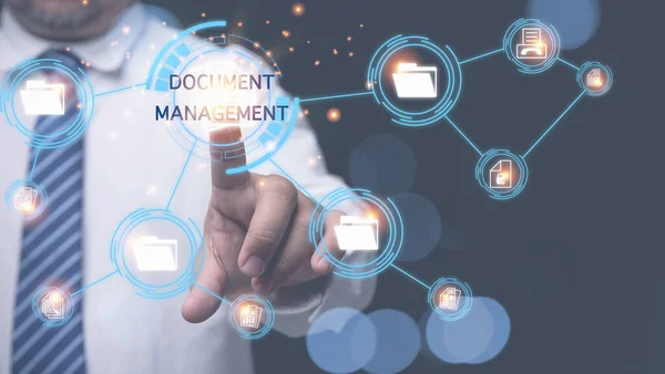 Businessman Touching Icon Virtual Online Document Management System Database Process — Zdjęcie stockowe