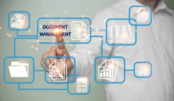 Businessman Touching Document Icon Corporate Data Management System Business Technology — Zdjęcie stockowe