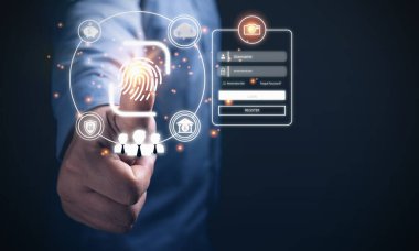 İşadamı parmak taraması yaparak sistem koruma mahremiyetine giriyor. Güvenlik teknolojisi siber, özel veri şifrelemesi, şifre numarası kullanarak verileri kişisel olarak korumak için.