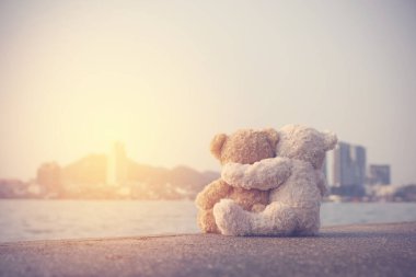Aşk çifti ayıcık birbirlerine sarılarak sevgilerini gösterirler. Eski şarap mahsulleri gibi düşün. Bağbozumu konsepti, Sevgililer Günü ve aşk. Resim sıcak tonu.