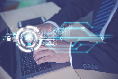 Finansal ve yatırım borsası için dijital internet erişimi. İş adamı kimlik girişi. Siber güvenlik için bir dizüstü bilgisayar kullanarak güvenlik sisteminin şifresi.