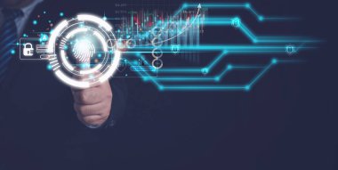İşadamı parmak izini kullanarak giriş biyometrik tanımlama için parmak izi taraması yapıyor. Finansal ve yatırım borsası için dijital internet erişimi.