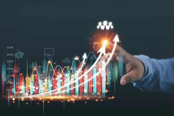 Businessman Touching Point Virtual Screen Economic Growth Graph Chart Analysing —  Fotos de Stock