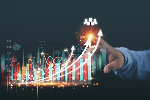 Empresário Tocando Ponto Gráfico Gráfico Crescimento Econômico Tela Virtual Análise — Fotografia de Stock