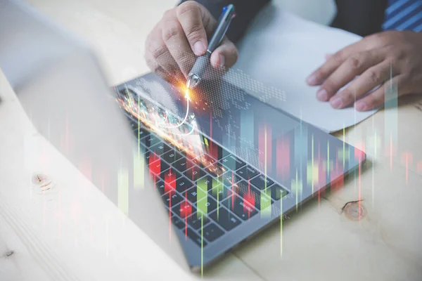 Businessman Uses Pen Point Graph Growth Analysis Growth Graph Chart Stok Lukisan  