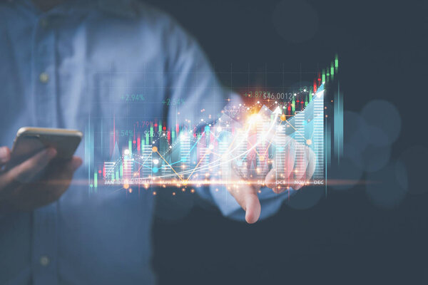 Businessman Touching Point Virtual Screen Economic Growth Graph Chart Analysing Stock Photo