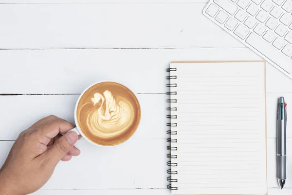 White Office Desk Table Blank Notebook Pen Keyboard Cup Coffee — 스톡 사진