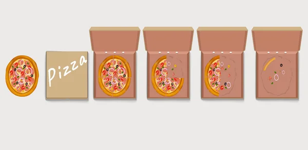 Whole and slices pizza of closed and open brown carton packaging box. — Stock Vector
