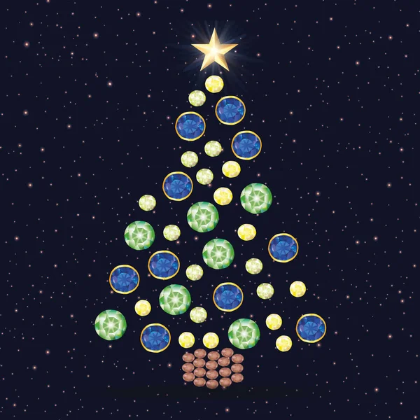 Christmas tree made of rhinestones on dark background. — Stock vektor