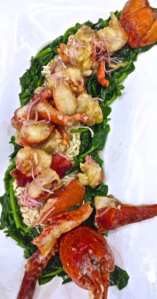 Top View Chinese Cousin Lobster Noodles Vegetables — Foto de Stock