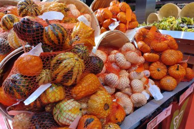 Süpermarkette satılık balkabakları sepette. 