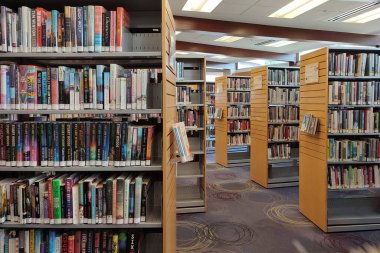 Kütüphane. Kitaplıklar ve kitaplarla dolu kitaplıklar. Öğrenim ve eğitim kavramı.