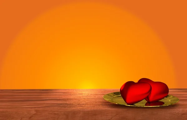 Romantic wooden table on orange background — Stock Photo, Image