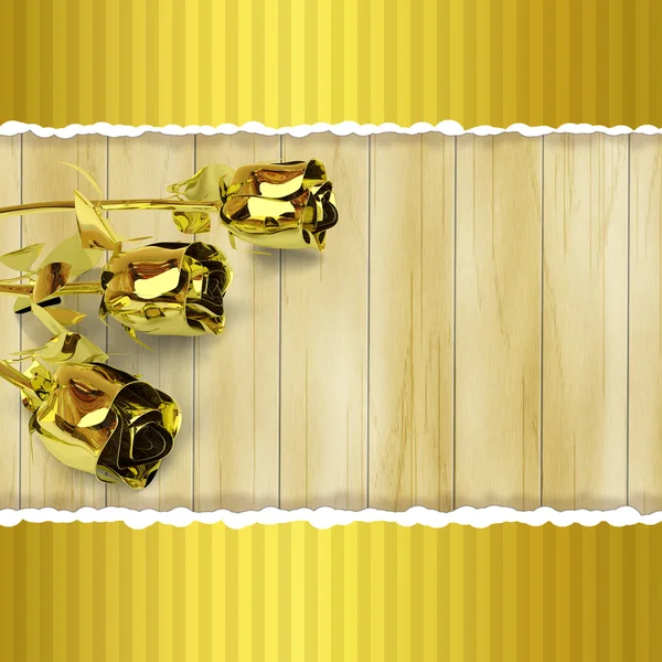 Greeting card with golden roses on wooden background — Stock Photo, Image