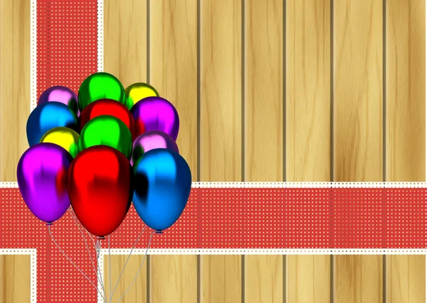 Kleur partij ballonnen en rood lint op houten achtergrond — Stockfoto