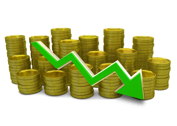 Costuri în scădere - graficul finanțelor 3D - moneda și săgeata verde — Fotografie, imagine de stoc