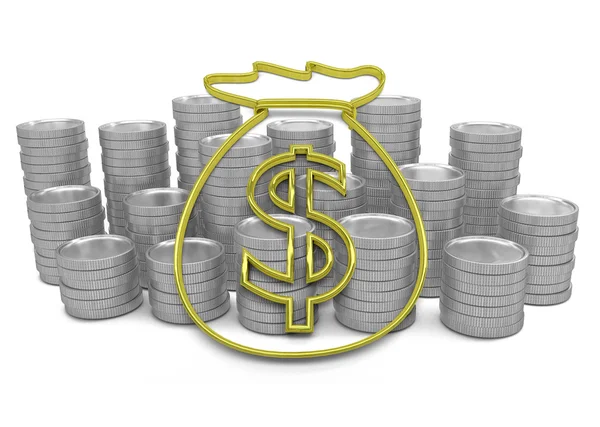 Golden hoard of money icon with coins on background — Stock Photo, Image