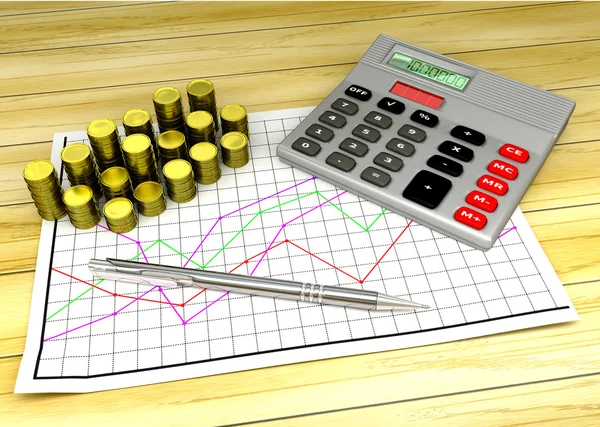 Calculadora y monedas en la carta financiera pape —  Fotos de Stock