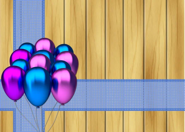Blue and purple party balloons with blue ribbon on wooden background — Stock Photo, Image