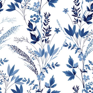 Güzel monoton el mavi gölgesiz desenli botanik çiçekleri çizdi. Moda, kumaş, duvar kâğıdı, ambalaj kağıdı ve beyaz üzerindeki tüm izler için yumuşak ve şık bir tasarım..
