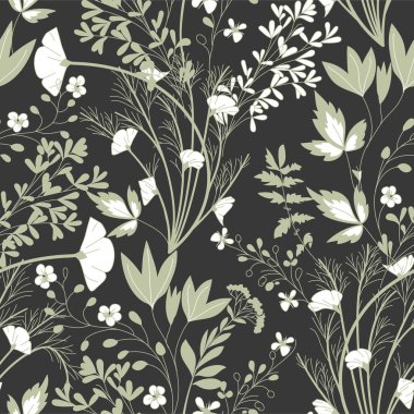 Çiçeksiz vektör desenli, doğrusal bitkiler, bitkiler, çiçekler. Koyu gri arkaplan