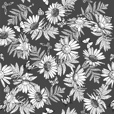 Papatyaları ve kelebekleri olan soyut siyah-beyaz desenli