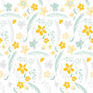 Çiçekli ve yapraklı vektör deseni. Narin, bahar çiçekli arka plan.