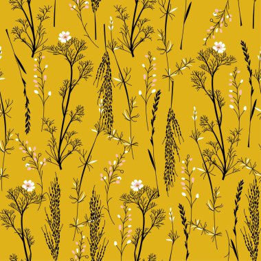 Kehribar renginde izole edilmiş güzel ve modaya uygun rüzgâr desenli çiçekler esiyor. Botanik desenli çiçek deseni. Yazdırma kumaşı ve duvar kağıdı arkaplanı için klasik biçim tasarımı.