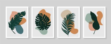 Botanik duvar sanat vektörü ayarlandı. Soyut şekilli yaprak çizimi. Baskı, kapak, duvar kağıdı, asgari ve doğal duvar sanatı için soyut bitki sanatı tasarımı. Vektör illüstrasyonu.