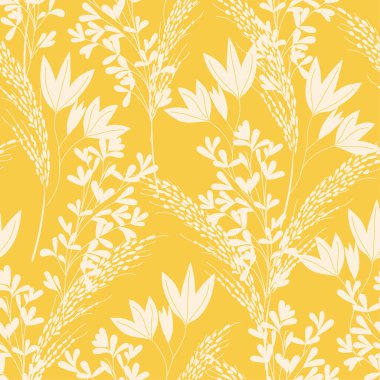 Sade çiçek çizimi. Çiçeklerin açtığı siluetler klasik tarzda. Bahar çiçeklerinden yapılmış kusursuz botanik deseni. Tekstil, kumaş, duvar kağıdı, yüzey tasarımı için doğa süsü.