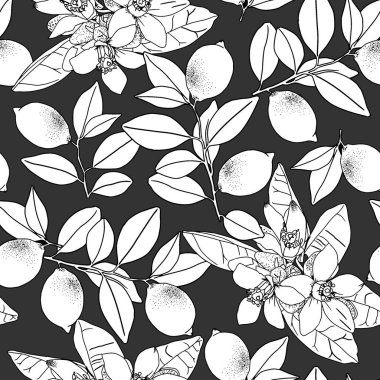 Portakallı, limonlu, yapraklı ve çiçekli tropikal desenli. Tekrarlanan meyve arka planı. Kumaş veya duvar kağıdı için parlak yazdırma vektörü.