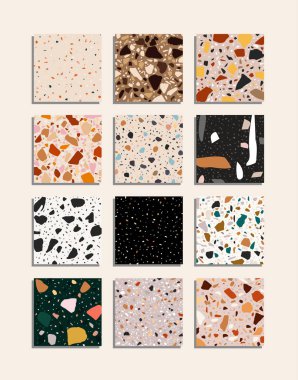 Terrazzo deseni klasik İtalyan zemininde doğal taş, granit, kuvars, mermer, cam ve betondan oluşur. Vector terrazzo veneziano pürüzsüz desen. İç tasarım için taş soyut arkaplan