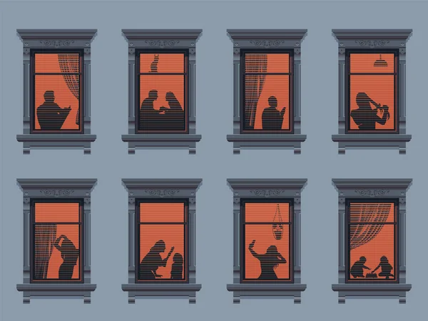 邻居们在窗户里在他们公寓里的卡通角色听音乐 孩子们玩耍 一起度过时光 夜晚的家庭场景 轮廓或橱窗里的人的影子 — 图库矢量图片