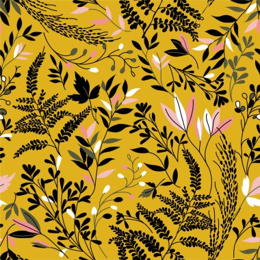 Kehribar Yazı Kehribar Rengi Üzerine İzole Edilmiş Güzel ve Moda Dışı Kusursuz Vektör Deseni. Botanik desenli çiçek deseni. Yazdırma kumaşı ve duvar kağıdı arkaplanı için klasik biçim tasarımı.