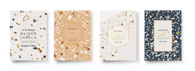 Terrazzo desenli ve sarı altın folyolu blog şablonları. Vektör illüstrasyonu