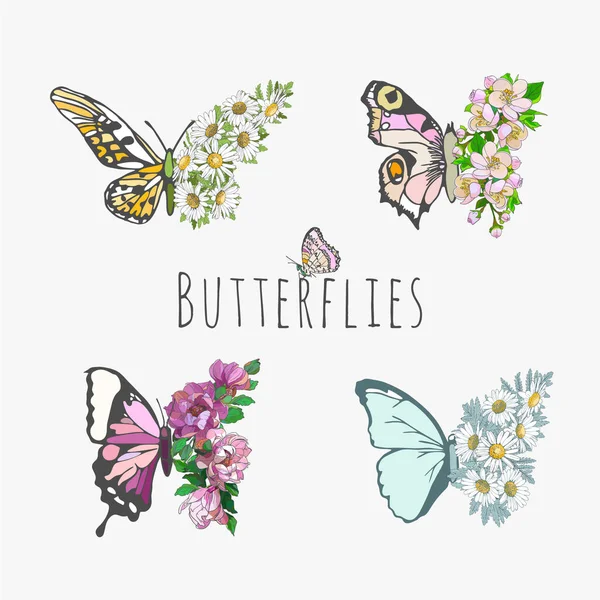 Uppsättning Fjärilar Och Blommor Blommönster Kamomill Magnolier Papper Mugg Shirt — Stock vektor