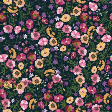 Yaz ortası çimenliği kusursuz desen. Moda için arka plan, duvar kağıtları, baskı. Sahada bir sürü farklı çiçek var. Moda çiçekli vektör tasarımı