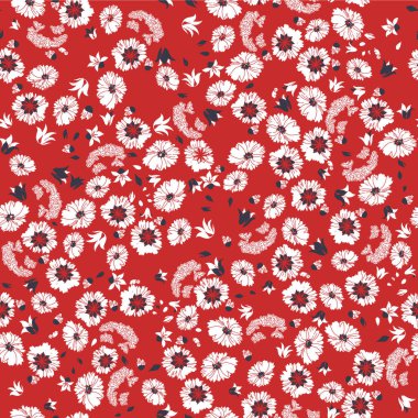 Tek renkli Sanatsal Ditsy Allover Grafik Çiçek Vektörü Kusursuz Desen. Basit Küçük El Beyaz Papatyalar, Kırmızı Arkaplanda Dağılmış Soyut Çiçekler. Vektör Minimum Biçimli Çiçek Yazdırma.