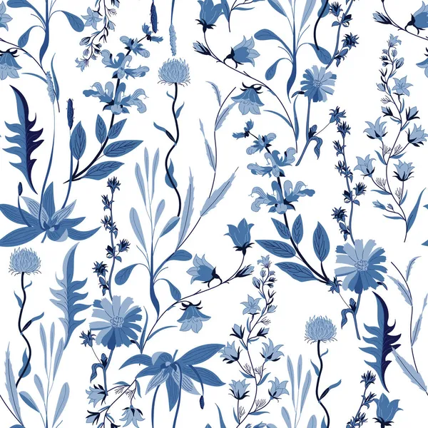 Schöne Monotone Handgezeichnete Botanische Blumen Auf Blauem Farbton Nahtloses Muster Stockvektor