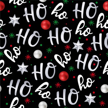 Ho ho ho, Noel Baba gülüyor. Noel tasarımı için kusursuz doku. El yazısı beyaz kelimeler ve kırmızı Noel toplarıyla vektör siyah arkaplan.