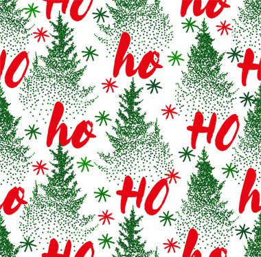 Ho ho ho desen, Noel Baba gülüyor. Yeşil Noel ağaçları ve karda çam ağaçları olan kusursuz bir Noel tasarımı. El yazısı olan vektör beyazı arkaplan ho.