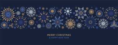 Mutlu noeller ve mutlu yeni yıl şenliği tasarımları. Sınırları modern sanat tarzında güzel kar tanelerinden yapılmış. Koyu mavi arka plan ve yağan kar. Xmas dekorasyonu. Vektör illüstrasyonu.