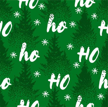 Hoho desenli, Noel Baba gülüyor. Karda Çamlar ve Ağaçlar ile Noel tasarımı için kusursuz bir doku. El yazısı Ho olan vektör yeşili arkaplan.