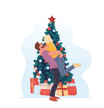 Mutlu Noeller ve mutlu yıllar. Yeni yıl ağacının arka planında birbirine aşık genç bir çiftin vektör çizimi. Tebrik kartı için romantik şenlik tasarımı