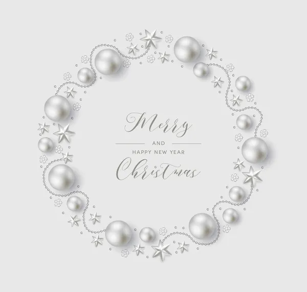 Composición Navideña Corona Navidad Sobre Fondo Blanco Bolas Blancas Estrellas — Vector de stock