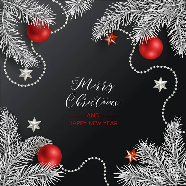 Weihnachts Und Neujahrskarte Dekorativer Rahmen Mit Tannenzweigen Und Roten Weihnachtskugeln Stockvektor