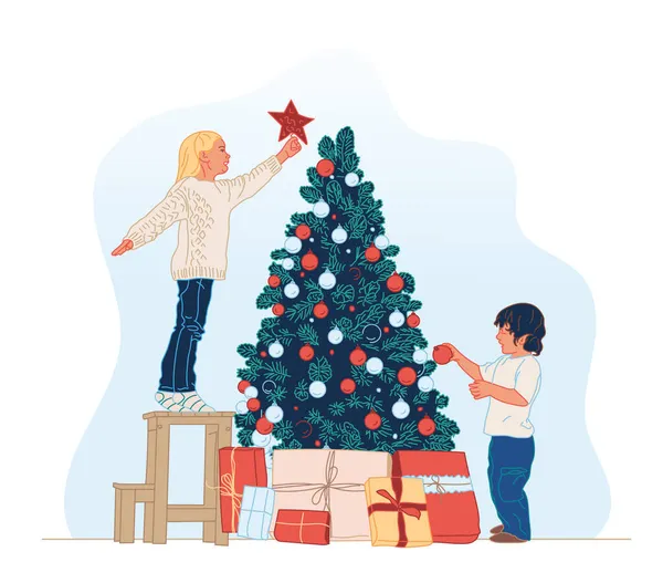 Bambini Sorridenti Svegli Decorano Albero Natale Con Palle Famiglia Felice Illustrazioni Stock Royalty Free