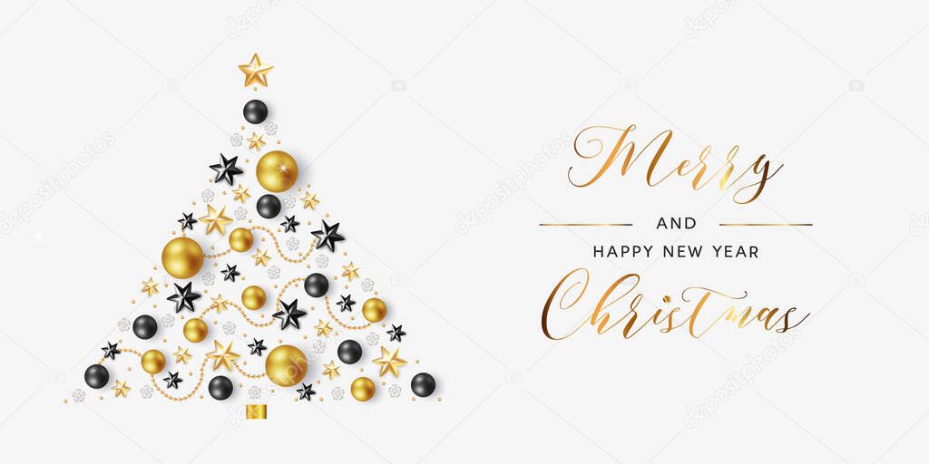 White Christmas background with a frame of black and yellow balls, stars, beads and confetti. Elegant Christmas card. Vector