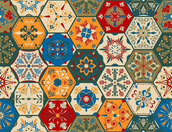 Luksusowe Orientalne Sześciokątne Płytki Ceramiczne Kolorowy Zestaw Wektorowy Elementów Sześciokątnych Wektor Stockowy